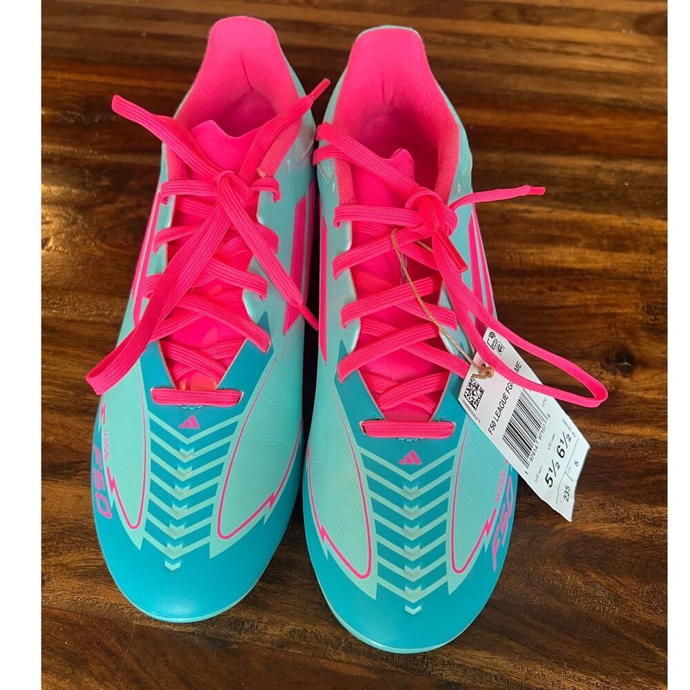 NWT Kids Adidas F50 League Messi FG/MG Soccer Cleats, Size 5.5. Blue/Pink - Picture 2 of 10
